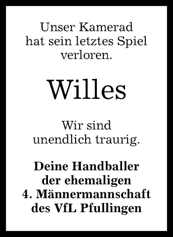 Anzeige von Willes  von Reutlinger General-Anzeiger