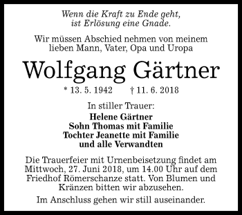 Anzeige von Wolfgang Gärtner von Reutlinger General-Anzeiger