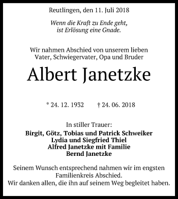Anzeige von Albert Janetzke von Reutlinger General-Anzeiger