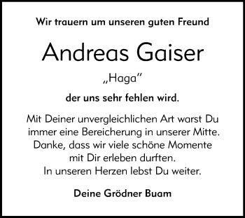 Anzeige von Andreas Gaiser von Reutlinger General-Anzeiger