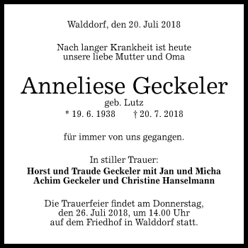 Anzeige von Anneliese Geckeler von Reutlinger General-Anzeiger