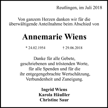 Anzeige von Annemarie Wiens von Reutlinger General-Anzeiger