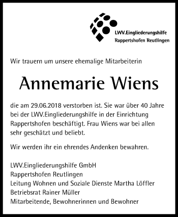 Anzeige von Annemarie Wiens von Reutlinger General-Anzeiger