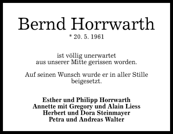 Anzeige von Bernd Horrwarth von Reutlinger General-Anzeiger