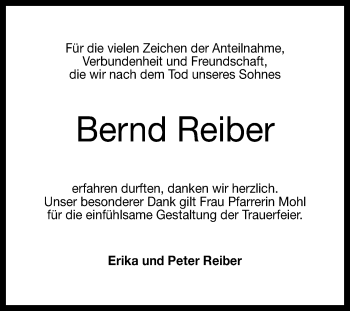 Anzeige von Bernd Reiber von Reutlinger General-Anzeiger