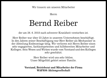 Anzeige von Bernd Reiber von Reutlinger General-Anzeiger