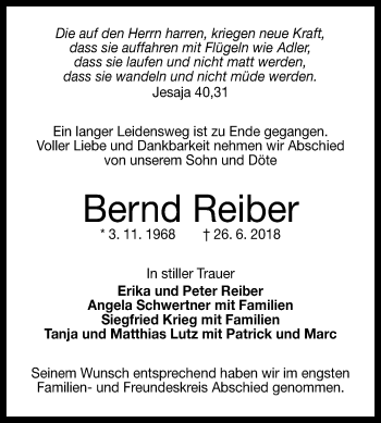 Anzeige von Bernd Reiber von Reutlinger General-Anzeiger