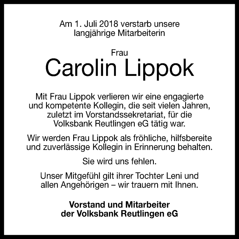  Traueranzeige für Carolin Lippok vom 05.07.2018 aus Reutlinger General-Anzeiger