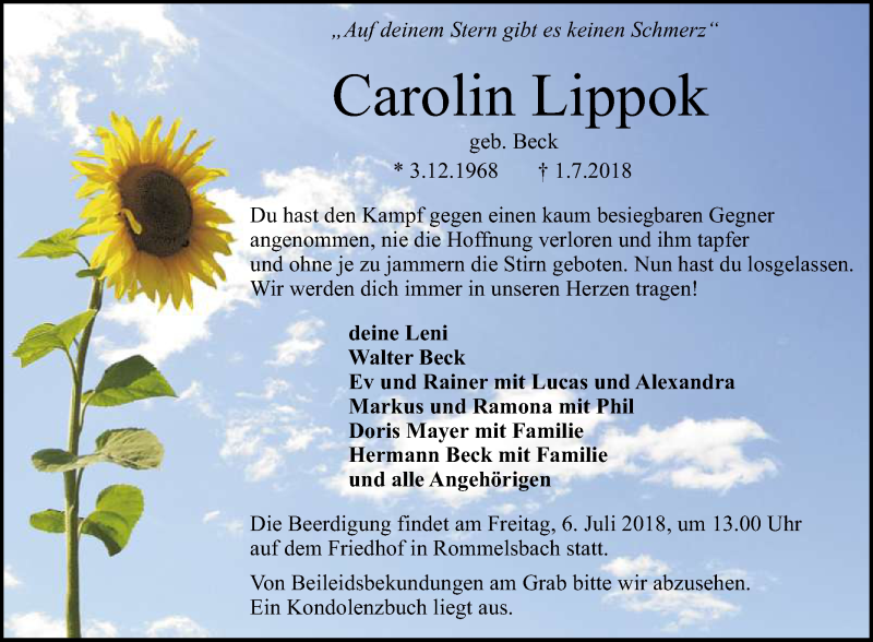  Traueranzeige für Carolin Lippok vom 04.07.2018 aus Reutlinger General-Anzeiger
