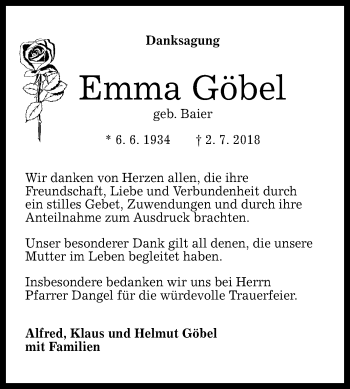 Anzeige von Emma Göbel von Reutlinger General-Anzeiger