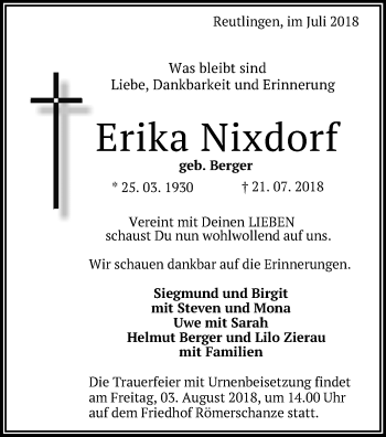 Anzeige von Erika Nixdorf von Reutlinger General-Anzeiger