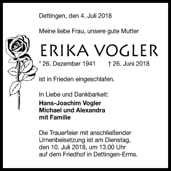 Anzeige von Erika Vogler von Reutlinger General-Anzeiger