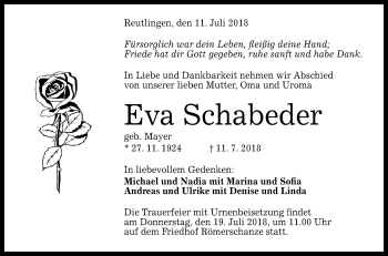 Anzeige von Eva Schabeder von Reutlinger General-Anzeiger