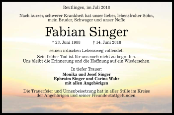 Anzeige von Fabian Singer von Reutlinger General-Anzeiger