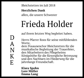 Anzeige von Frieda Holder von Reutlinger General-Anzeiger