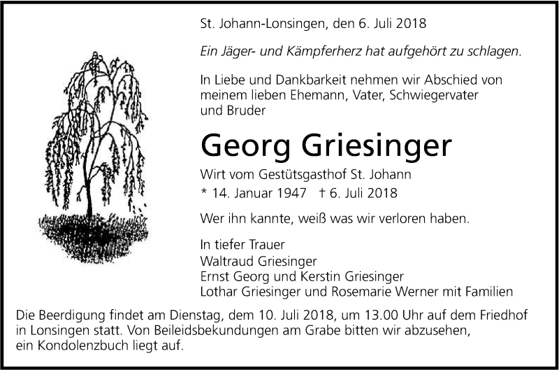  Traueranzeige für Georg Griesinger vom 07.07.2018 aus Reutlinger General-Anzeiger
