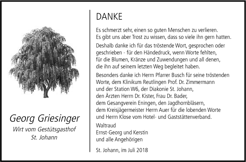  Traueranzeige für Georg Griesinger vom 14.07.2018 aus Reutlinger General-Anzeiger