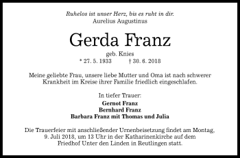 Anzeige von Gerda Franz von Reutlinger General-Anzeiger