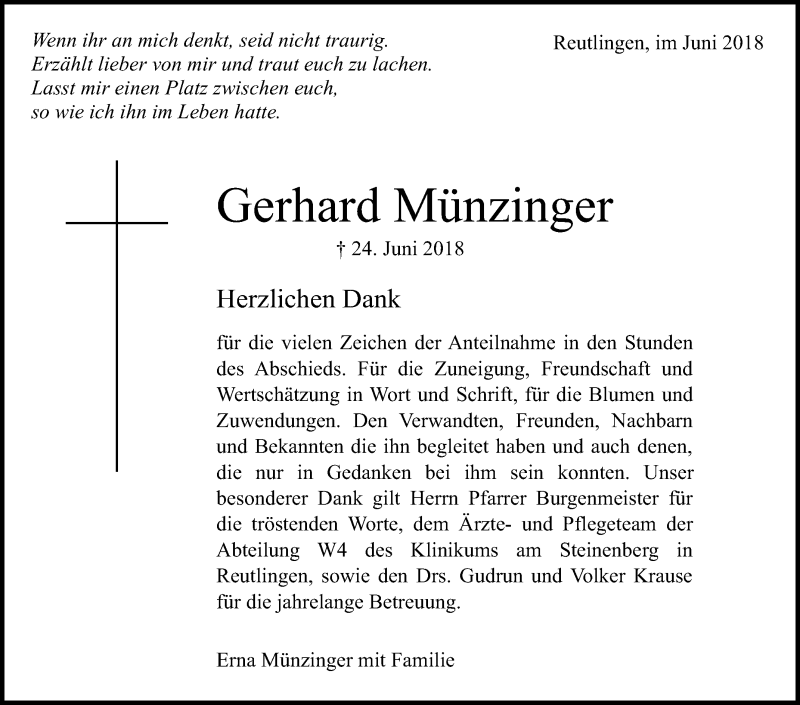  Traueranzeige für Gerhard Münzinger vom 07.07.2018 aus Reutlinger General-Anzeiger