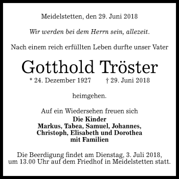 Anzeige von Gotthold Tröster von Reutlinger General-Anzeiger