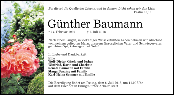 Anzeige von Günther Baumann von Reutlinger General-Anzeiger