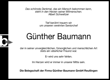 Anzeige von Günther Baumann von Reutlinger General-Anzeiger