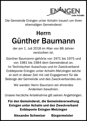Anzeige von Günther Baumann von Reutlinger General-Anzeiger