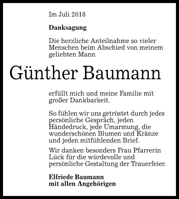Anzeige von Günther Baumann von Reutlinger General-Anzeiger