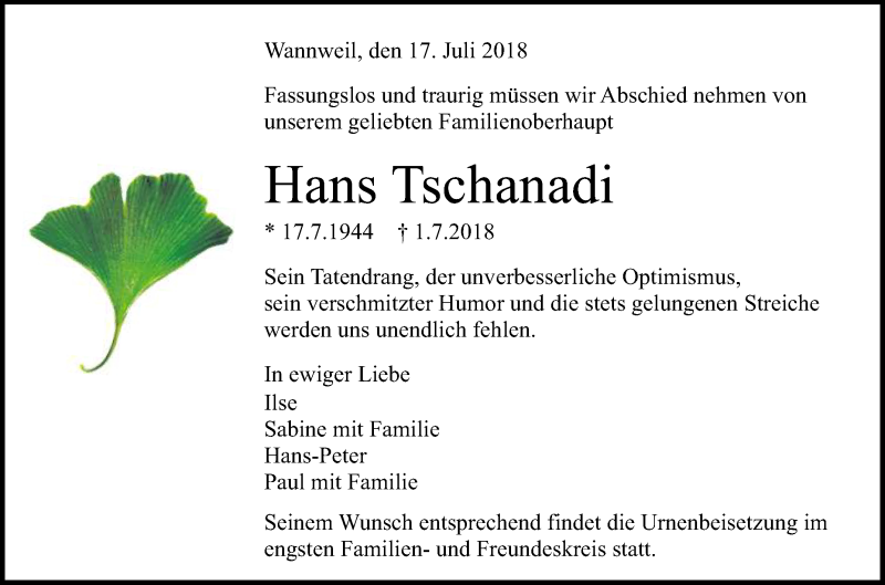  Traueranzeige für Hans Tschanadi vom 17.07.2018 aus Reutlinger General-Anzeiger