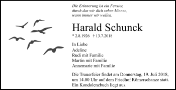 Anzeige von Harald Schunck von Reutlinger General-Anzeiger