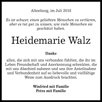 Anzeige von Heidemarie Walz von Reutlinger General-Anzeiger