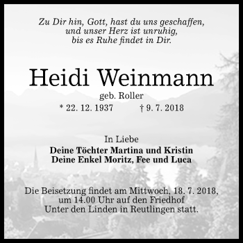 Anzeige von Heidi Weinmann von Reutlinger General-Anzeiger