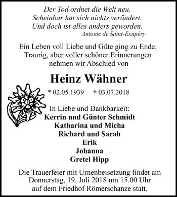 Anzeige von Heinz Wähner von Reutlinger General-Anzeiger