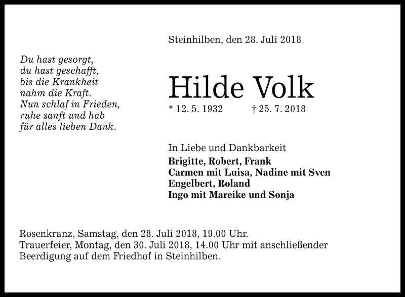 Traueranzeigen von Hilde Volk | trauer.gea.de