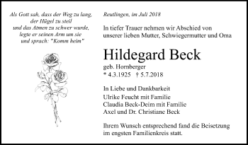 Anzeige von Hildegard Beck von Reutlinger General-Anzeiger