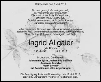 Anzeige von Ingrid Allgaier von Reutlinger General-Anzeiger