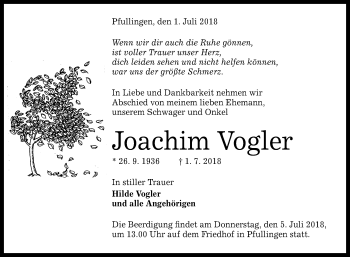 Anzeige von Joachim Vogler von Reutlinger General-Anzeiger