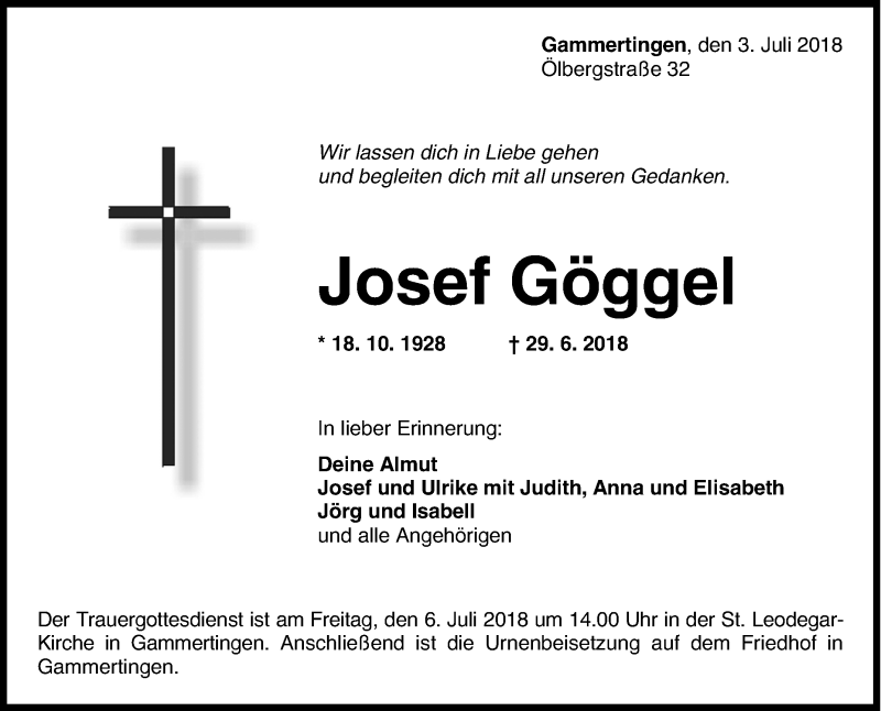  Traueranzeige für Josef Göggel vom 03.07.2018 aus Reutlinger General-Anzeiger