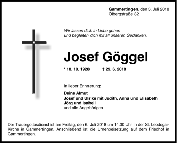 Anzeige von Josef Göggel von Reutlinger General-Anzeiger