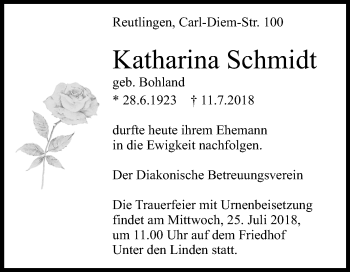 Anzeige von Katharina Schmidt von Reutlinger General-Anzeiger