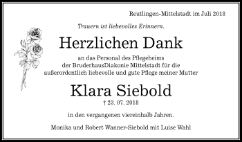 Anzeige von Klara Siebold von Reutlinger General-Anzeiger