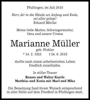 Anzeige von Mananne Müller von Reutlinger General-Anzeiger