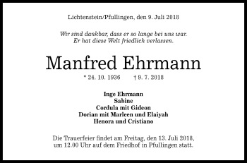 Anzeige von Manfred Ehrmann von Reutlinger General-Anzeiger