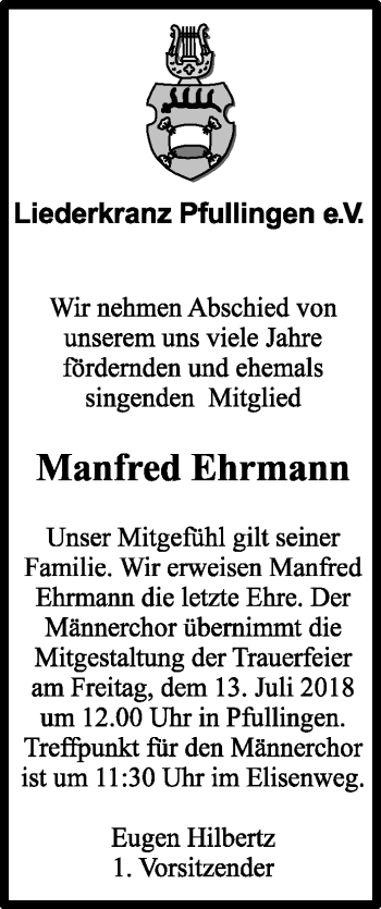 Anzeige von Manfred Ehrmann von Reutlinger General-Anzeiger