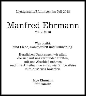 Anzeige von Manfred Ehrmann von Reutlinger General-Anzeiger