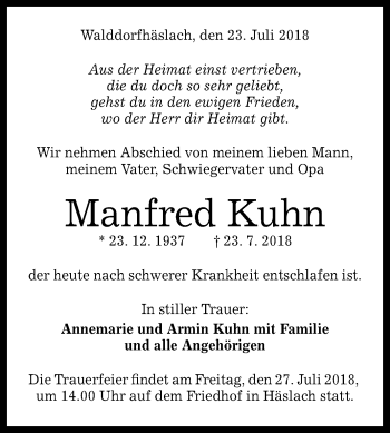 Anzeige von Manfred Kuhn von Reutlinger General-Anzeiger