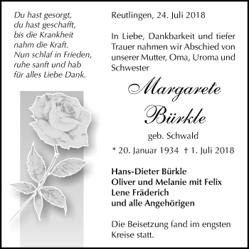 Anzeige von Margarete Bürkle von Reutlinger General-Anzeiger