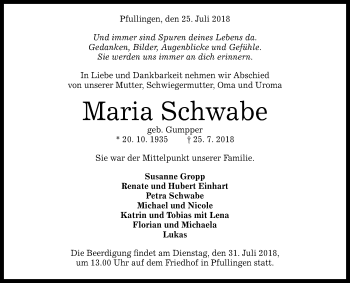 Anzeige von Maria Schwabe von Reutlinger General-Anzeiger