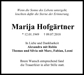Anzeige von Marija Hofgärtner von Reutlinger General-Anzeiger