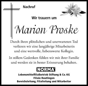 Anzeige von Marion Proske von Reutlinger General-Anzeiger